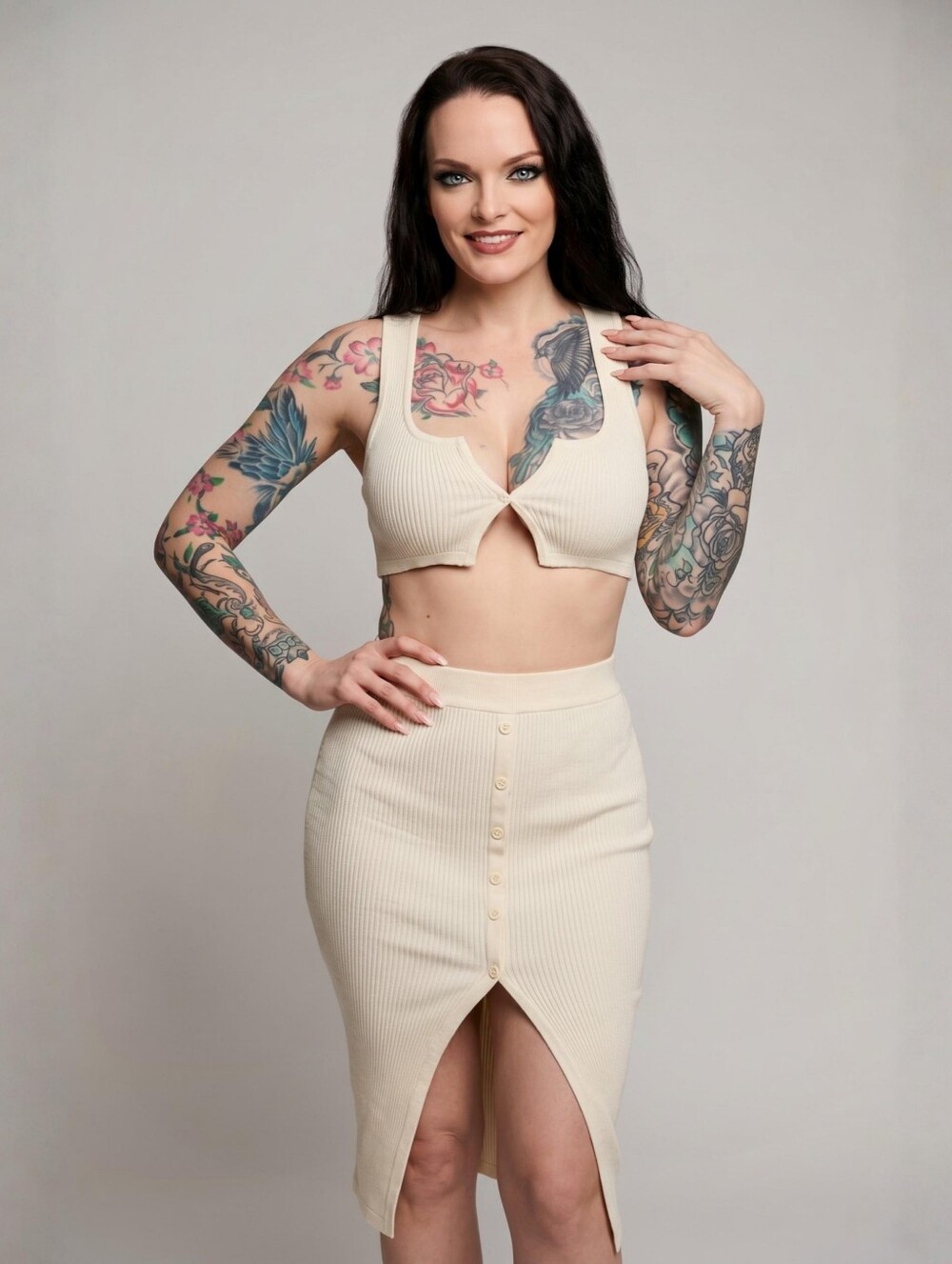 Nova Luxe ✦ Ivory Knit Skirt Set ✦ Cropped Sweater Slit Midi Skirt Sculptural L